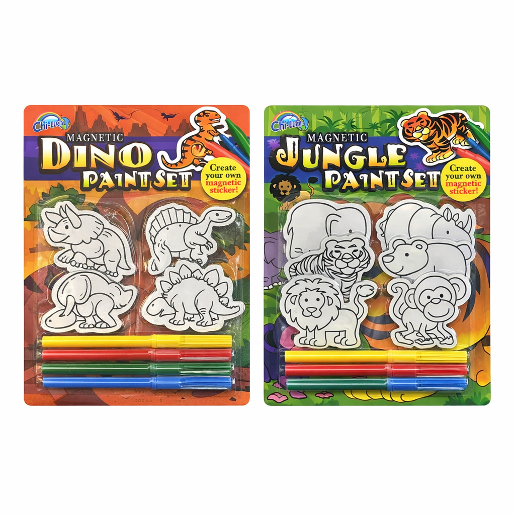 2‑Pack Magnetic Paint Set for Kids – Dino & Jungle Themes – Create Your Own Magnetic Stickers – Art & Craft Activity Kit